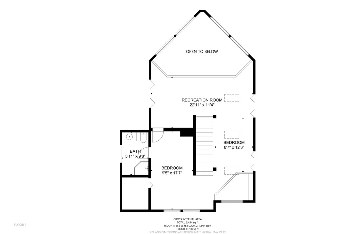 A welcoming recreation area with visible bedrooms and a staircase, suggesting connectivity between different levels and sleeping spaces. The scene is set for fun, relaxation, and easy movement between group activities and private moments.