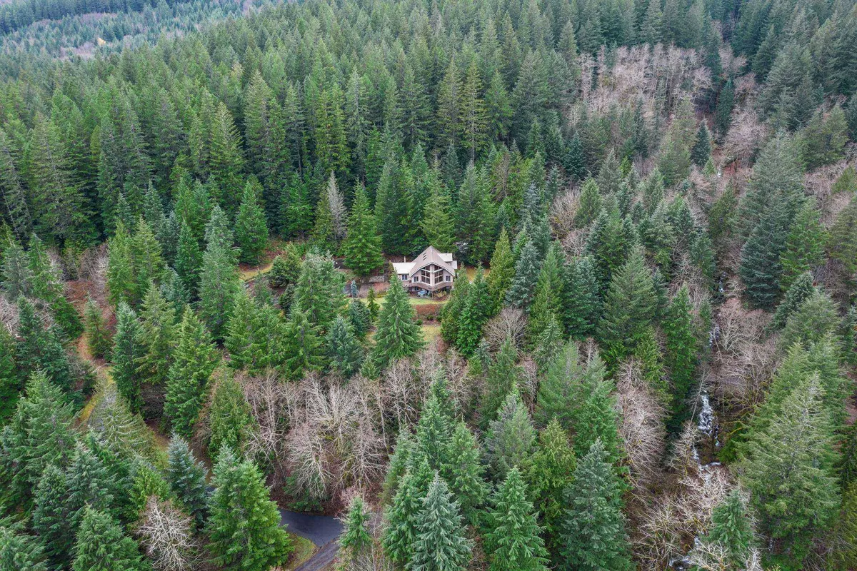 A wide exterior view of the house nestled among mature trees, surrounded by open natural landscape and a winding path inviting exploration. The image conveys the sense of privacy and expansiveness of the 20-acre estate, with plenty of space for families and children to experience the outdoors safely.