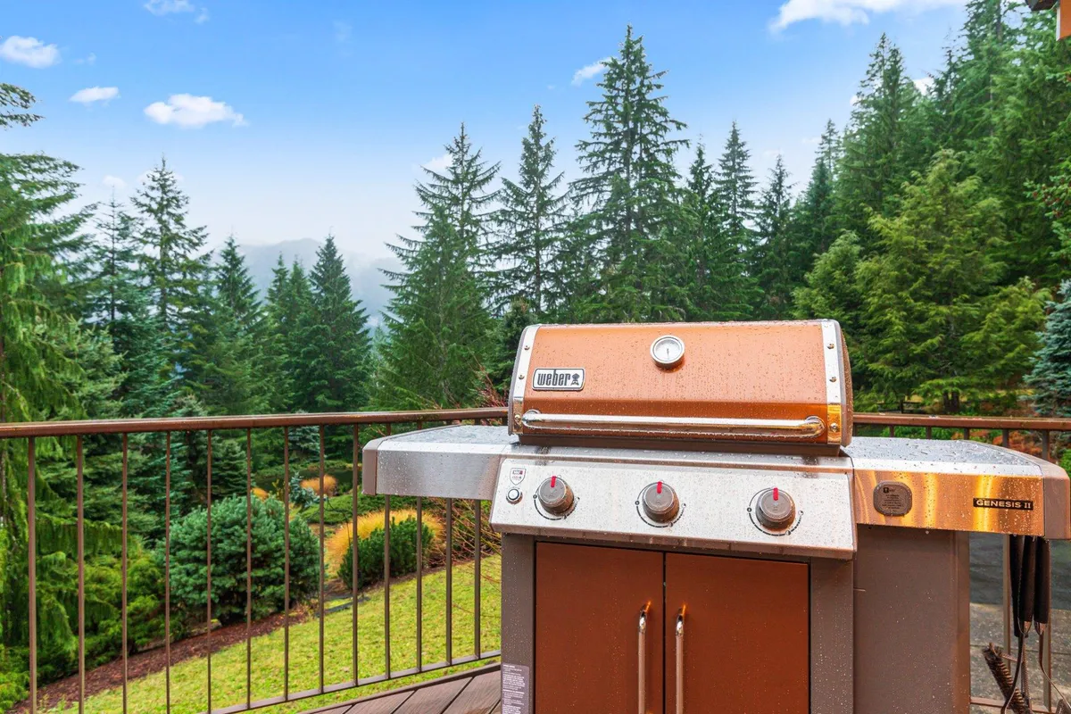A spacious deck with a grill, set against a backdrop of towering trees. The area is designed for outdoor gatherings, with the deck railing opening to forest views, suggesting opportunities for barbecues, morning coffee, or evening relaxation after an adventurous day.