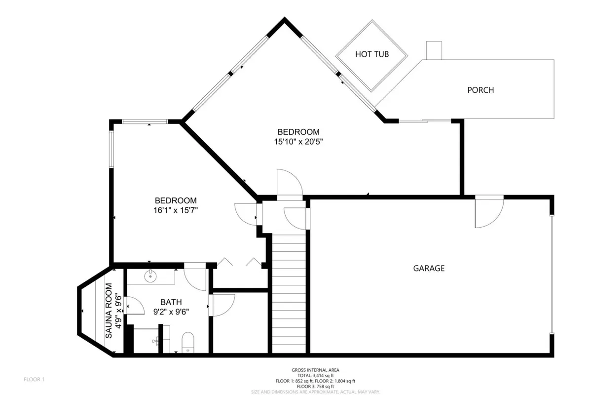 A tranquil lower-level scene highlighting bedrooms, the private sauna, hot tub, and access to a deck and porch. The inviting atmosphere communicates comfort and the blend of group-friendly amenities, such as the sauna and deck for shared experiences.